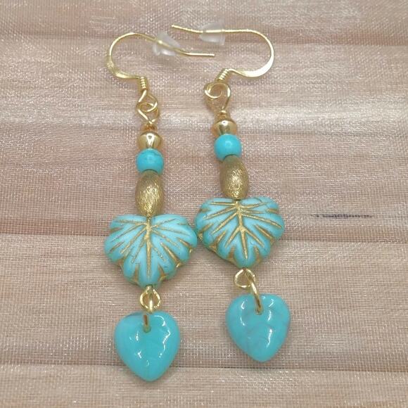 Czech Glass Leaf Earrings Artisan Made Dangle Gold Blue Beaded Accents NEW - Picture 1 of 8
